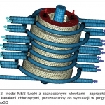 Model MES tulejki z zaznaczonymi wlewkami i zaprojektowanymi kanałami chłodzącymi
