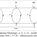 Rys. 4. Schemat rękawa foliowego: a, b, c i d – punkty, w których dokonano pomiaru grubości folii; I, II i III – płaszczyzny pomiarów