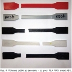 Rys. 4. Wybrane próbki po zerwaniu – od góry: PLA PRO, smart ABS, nanocarbon, poliwęglan PC-IN, ASA