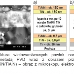 Rys. 1. Architektura wielowarstwowych powłok nanostrukturalnych naniesionych metodą PVD wraz z obrazem przełomu powłoki TiN/TiAlN/10×(TiN/TiAlN) – obraz z mikroskopu elektronowego skaningowego
