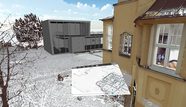VR view - 3D scan data of Villa combined with CAD model, overview map.