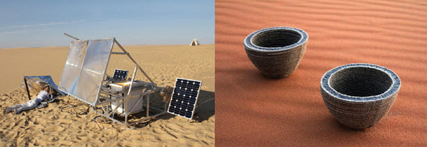 Drukarka 3D i panele słoneczne ustawione na pustyni oraz wydrukowane w 3D naczynia z piasku (fot. Markus Kayser)